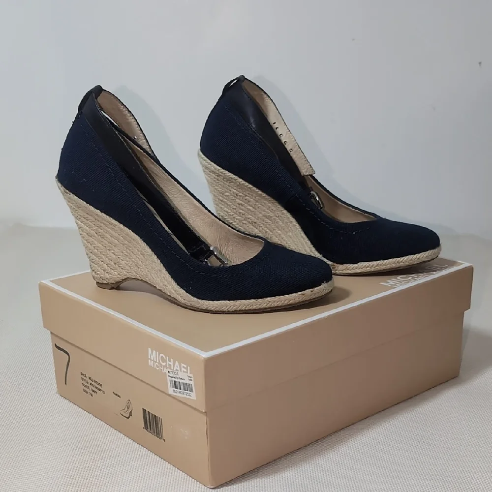 Michael Kors Meg Wedge Navy Canvas Espadrille Sandals Size‎ 7